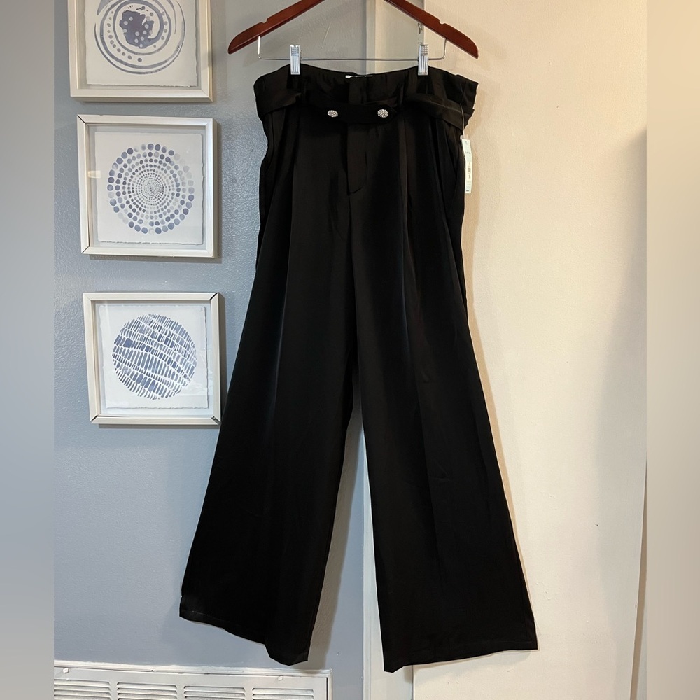 NWT Blue Sol Elegant Black Satan Wide Leg Pants Women’s Size 14